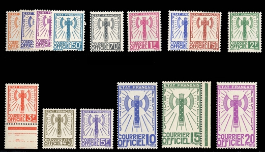 FRANCE Officials (YT 1-15) 1943 Courier Officiel, 10c-20fr complete, n.h., fine-v.f., €3,200