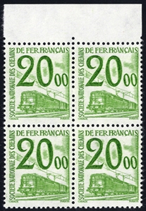 FRANCE  Parcel Post (Q255-271) 1960 Issue, 5c-20fr complete set of 17, blocks of four, n.h., v.f. (YT 31-47, Euro 2,000) cat. $1,188