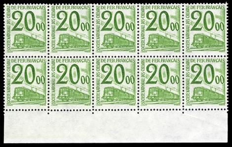 FRANCE Parcel Post (Q255-271) 1960 Issue, 5c-20fr complete set of 17, sheet margin blocks of 10, n.h., v.f. (YT 31-47, Euro 5,000) cat. $2,970