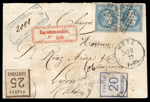 FRANCE Franco-Prussian War (N6,7) 1871 (24 May) Charge cover from Metz to Lyon, franked with Alsace-Lorraine 20c ultramarine, 25c brown (Network with Points Up), used in combination with France...