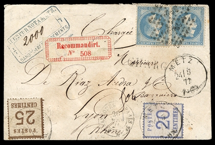 FRANCE Franco-Prussian War (N6,7) 1871 (24 May) Charge cover from Metz to Lyon, franked with Alsace-Lorraine 20c ultramarine, 25c brown (Network with Points Up), used in combination with France...