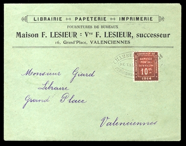 FRANCE World War I (YT 1) 1914 Valenciennes, 10c carmine (little oxidized), used on locally addressed cover, v.f., €650