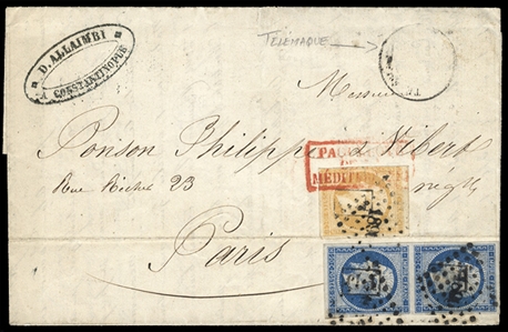 FRANCE French Offices in the Turkish Empire 1857 (5 Mar) FL from Constantinople to Paris franked with single 10c and pair of 20c imperf. Napoleon, tied by 1890 small numerals in lozenges and...