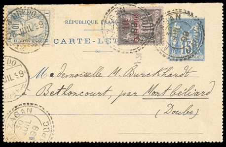 FRENCH COLONIES French Morocco (4L2) 1899 Mazagan to Marrakech Local Post, 10c blue, canceled by 28 July 99 J.Brudo datestamp on France 15c blue stationery card, franked with 10 centimos/10c...