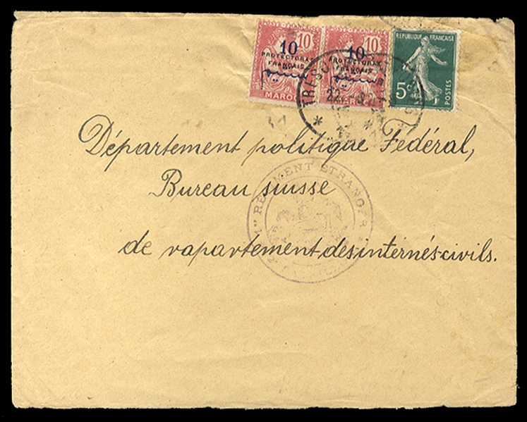 FRENCH COLONIES French Morocco 1915 cover franked with 2x10c Protectorate Francaise and France 5c green, tied by Tresor et Postes cds, addressed to Department of Interned Civilians in...