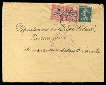 FRENCH COLONIES French Morocco 1915 cover franked with 2x10c Protectorate Francaise and France 5c green, tied by Tresor et Postes cds, addressed to Department of Interned Civilians in...