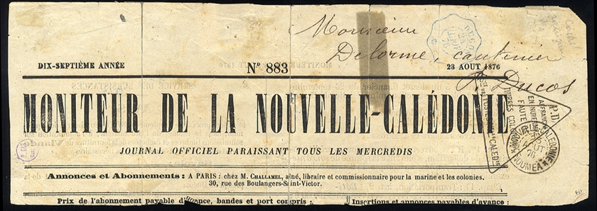 FRENCH COLONIES New Caledonia 1876 top part of a Moniteur de la Nouvelle-Caledonie newspaper with triangular P.D. Affranchi en Numeraire Faute de Timbres Coloniaux hs indicating postage...
