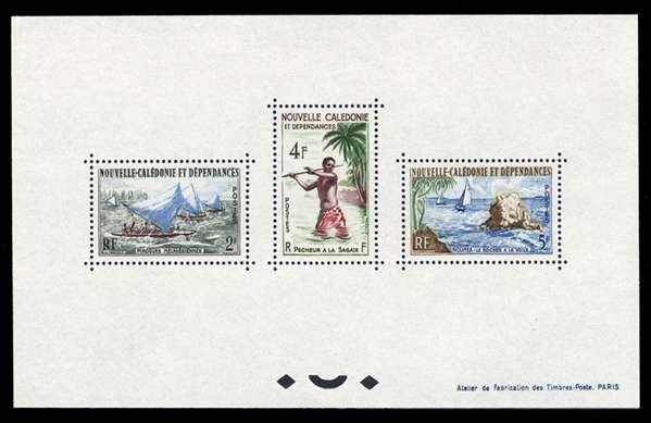 FRENCH COLONIES New Caledonia  (318-20var) 1962 Canoes, Fisherman, etc., perforated and gummed souv. sheet of three, n.h., v.f., only 15-20 issued
