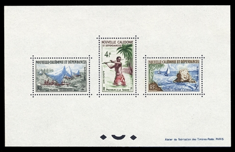 FRENCH COLONIES New Caledonia  (318-20var) 1962 Canoes, Fisherman, etc., perforated and gummed souv. sheet of three, n.h., v.f., only 15-20 issued