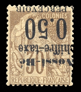 FRENCH COLONIES Nossi-Be Postage Dues (J3a) 1891 50c on 30c brown and bister, surcharge inverted, small h.r., v.f., signed Brun, with 2008 PFC (YT Euro 1,100) cat. $925