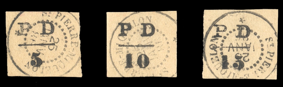 FRENCH COLONIES St.Pierre & Miquelon (12-14) 1885 P D 5c, 10c, 15c, set of three, each canceled St. Pierre-Miquelon 25 Jan 86, fine and sound examples, each signed Gebruder Senf, Leipzig