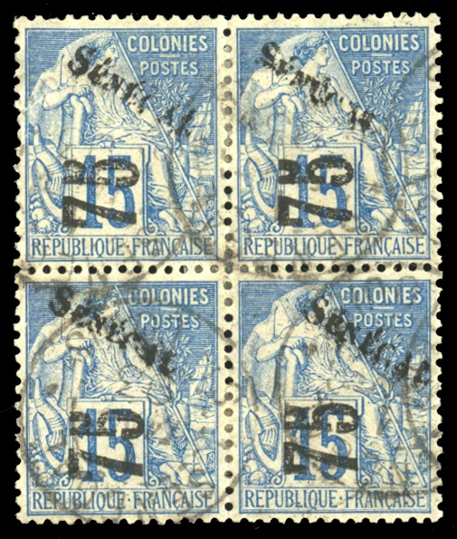 FRENCH COLONIES Senegal (31) 1892 black surcharge, 75c on 15c blue, block of four, used, fine, signed Calves, etc. (YT Euro 1,000) cat. $800