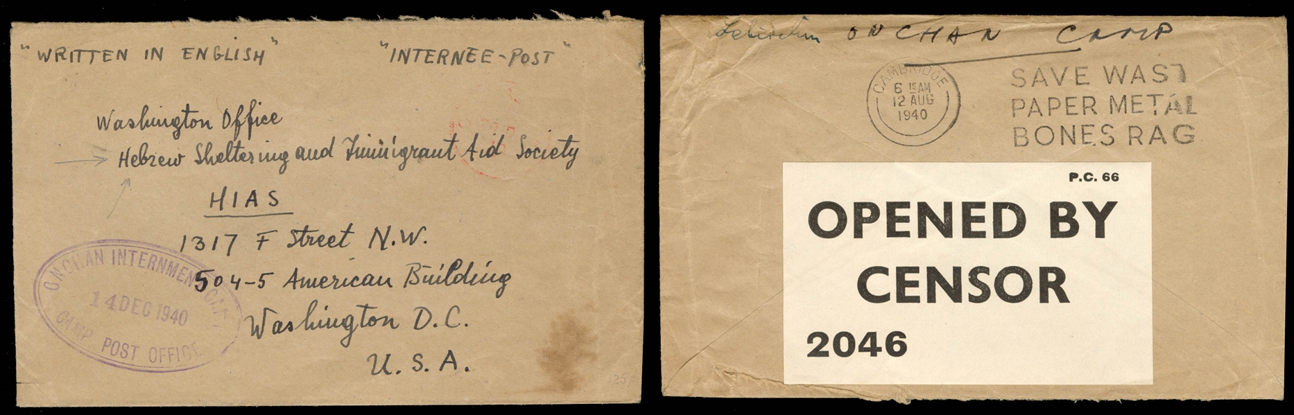 GREAT BRITAIN Channel Islands - Jersey  1940 two stampless covers to USA, sent from Onchan Internment Camp in Douglas, Isle of Man, each endorsed "Internee Post", written in English, one...