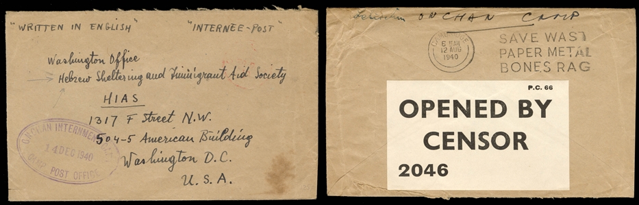 GREAT BRITAIN Channel Islands - Jersey  1940 two stampless covers to USA, sent from Onchan Internment Camp in Douglas, Isle of Man, each endorsed Internee Post, written in English, one...