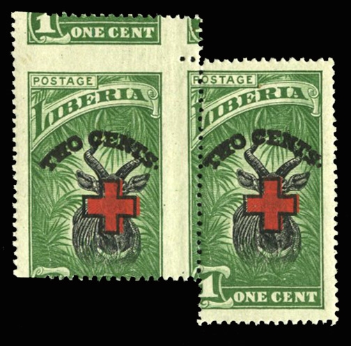 Liberia  B3var  1918 1c+2c Red Cross, misperforated horizontal pair, never hinged
