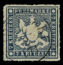 German States Wurttemberg 44 (Mi. 35a) â‚¬160 1868 7kr slate blue, rouletted, used