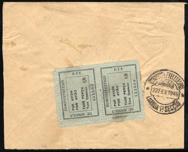 Portuguese Colonies Angola   1945 Emergency Issue, 90a green on black, vertical pair, used on back, in combination with regular franking on flown cover to Luanda, cover slightly reduced, with arriva