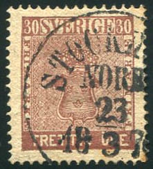 Sweden  11 35 1858 30o brown, used, toned perfs