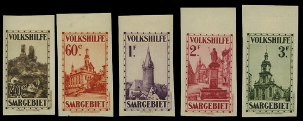 Saar  B37/42 (Mi. 161/166U) â‚¬340 1932 Semi-postals, five imperf. values, hinged