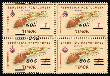 Portuguese Colonies Timor 291var  1960 Map of Timor, 5c on 1a, double surcharge one inverted, block of four, never hinged