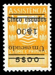 Portuguese Colonies St. Thomas and Prince Islands RA9var  1965 Postal Tax Stamps, 1e on 5c, surcharge inverted, never hinged