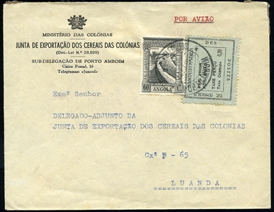 Portuguese Colonies Angola Sanabria 12  1945 Emergency Air Post, 90a green on black, used in combination with regular franking on cover from Porto Amboim to Luanda