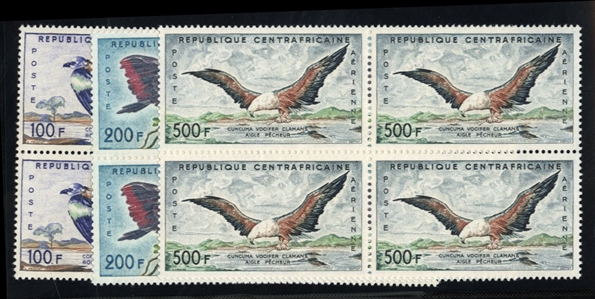 Central African Republic  C1-3 80 1960 Birds, set of three in blocks of four, never hinged