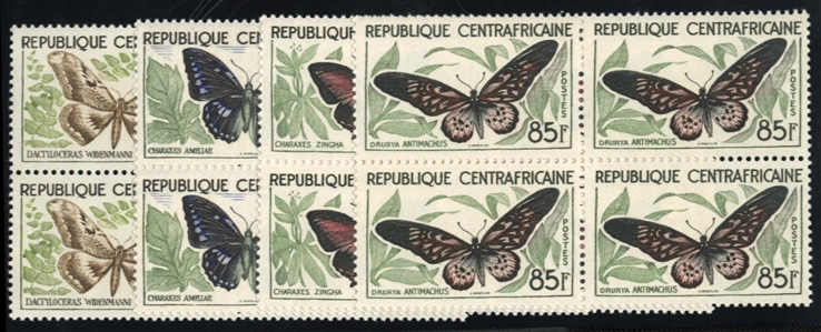 Central African Republic  45880 39.8 1960 Butterflies, 5fr-85fr, four high values in blocks of four, never hinged