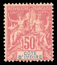French Colonies Ivory Coast 14 75 1892 50c carmine, hinged