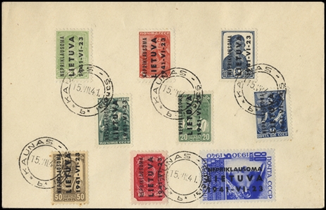German WWII Occupation Lithuania Mi. 1-9 €400+ 1941 2k-80k, set of nine cancelled Kaunas 15.7.41 on unaddressed cover, signed Krischke
