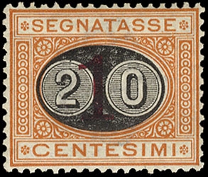 Italy Postage Dues J26 (Sass. 18) â‚¬650 1890 20c on 1c buff and magenta, hinged, signed Raybaudi
