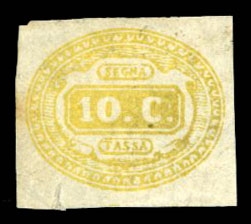 Italy Postage Dues J1 2000 1863 10c yellow, part original gum, marginal tear at bottom, with 2015 PSE certificate