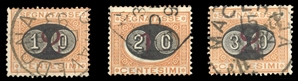 Italy Postage Dues J25-27 74.5 1890 Surcharges, set of three, used