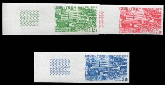France Officials 1O29,32,36 (YT 82-84) â‚¬77 1984 Council of Europe, imperf. sheet margin set of three, never hinged