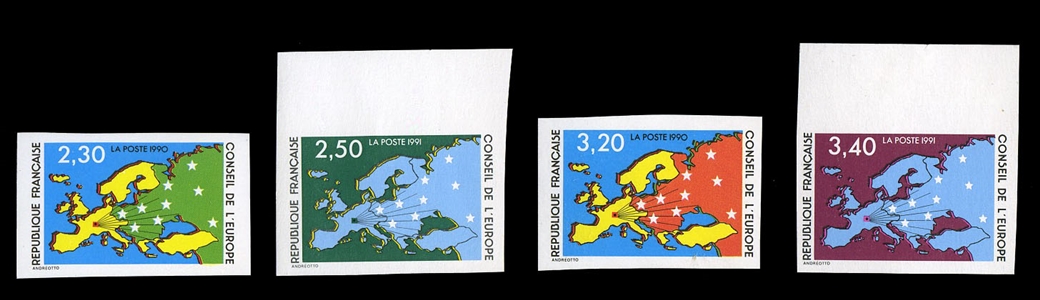 France Officials 1O47-1O50 (YT 104-107) â‚¬122 1990-91 Council of Europe, imperf. sheet margin set of four, never hinged