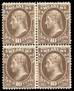 Official Stamps (O77var) 1873 Treasury, 10c brown, Silk Paper variety, block of four, h.r., with 2020 PSE certificate graded F 70 (SMQ $720 for ordinary singles) 