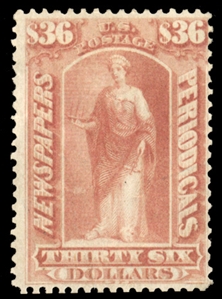 Newspaper Stamps (PR30) 1875 $36 brown rose, heavy h.r., nice color, reperforated at bottom, fine appearance, with 2020 Crowe certificate, cat. value $5,500
