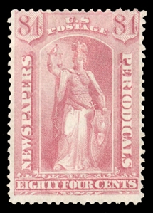 Newspaper Stamps (PR46) 1875 84c pale rose, unused without gum as issued, fresh color, tiny thin spots and filled thin, fine appearance, only 164 sold, with 2020 PSE certificate, cat. value $5,750
