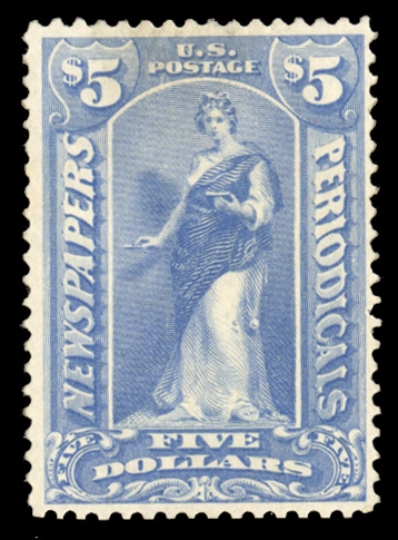 Newspaper Stamps (PR109) 1895 $5 ultramarine, redistributed part original gum (heavy h.r.), reperforated at bottom, fine appearance, with 2024 Crowe certificate, cat. value $2,250