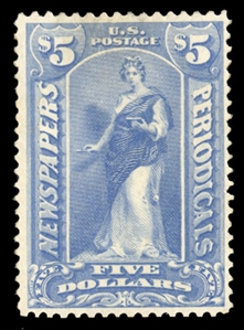 Newspaper Stamps (PR109) 1895 $5 ultramarine, redistributed part original gum (heavy h.r.), reperforated at bottom, fine appearance, with 2024 Crowe certificate, cat. value $2,250