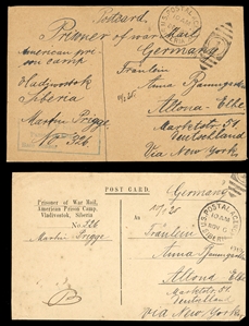 Prisoner of War Mail 1919 two cards addressed to Germany, one with pre-printed Prisoner of War Mail/American Prison Camp Vladivostok Siberia