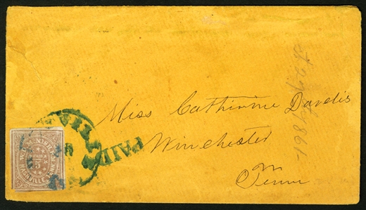 CONFEDERATE STATES OF AMERICA Postmasters' Provisionals (61X5) 1861 5c violet brown, margins all around except with a tiny corner notch at bottom left, tied by blue Nashville pmk