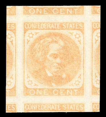CONFEDERATE STATES OF AMERICA (14) 1863 1c orange, n.h., with parts of adjoining stamps on all sides, with 2015 PSE certificate graded "Gem 100J" (SMQ $1,150) 