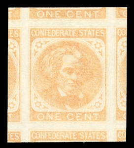 CONFEDERATE STATES OF AMERICA (14) 1863 1c orange, n.h., with parts of adjoining stamps on all sides, with 2015 PSE certificate graded Gem 100J (SMQ $1,150) 