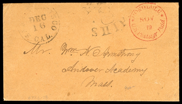 Hawaii 1859 "Honolulu U.S. Postage Paid Nov 19", neat strike of red circular datestamp on cover to Mr. and Mrs. Armstrong, Andover Academy, Mass., "San Francisco Cal. Dec 16"
