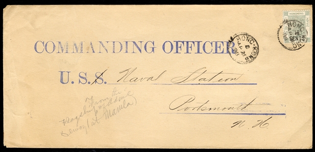 UNITED STATES POSSESSIONS Philippines Naval and Maritime Mail 1898 (21 Apr) legal size cover with Commanding Officer U.S.S. Naval Station Portsmouth New Hampshire address handstamp
