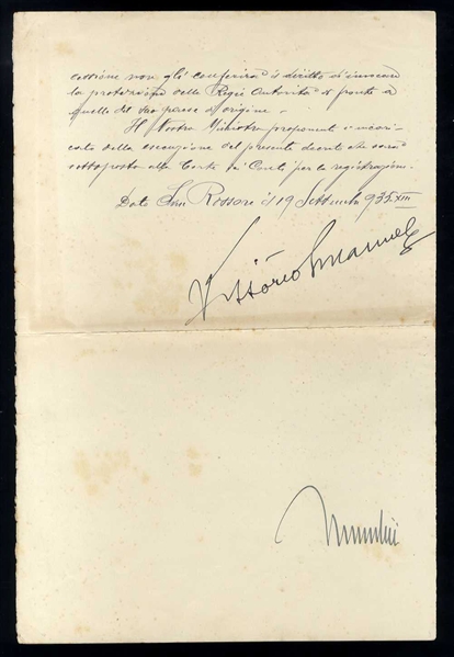 AUTOGRAPHS OF FAMOUS PEOPLE Mussolini, Benito Amilcare Andrea (1883-1945, Italian politician, journalist, and leader of the National Fascist Party, ruling the country as Prime Minister