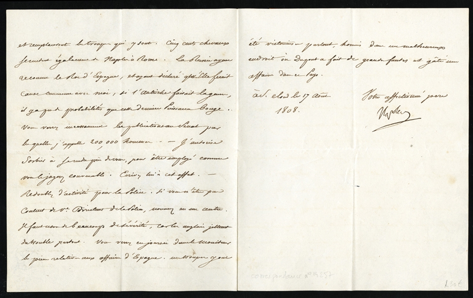 AUTOGRAPHS OF FAMOUS PEOPLE  Napoleon Bonaparte (1769-1821), military general and the first emperor of France who is considered one of the worlds greatest military leaders. ALS, four-page folio