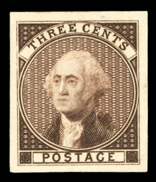 1851-57 Issue (11-E5a) 1851 3c Washington, Essay by Bradbury, Wilkinson & Co., in brown on stamp paper, fresh and v.f., cat. value $1,250