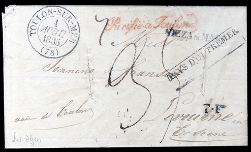 ALGERIA  1835 FL from Algeria to France, with straight line Pays D'Outremer and Nizza di Mare, red Purifee a Toulon, also arrival Toulon sur Mer (1 Apr 1835), corresponding disinfection slits